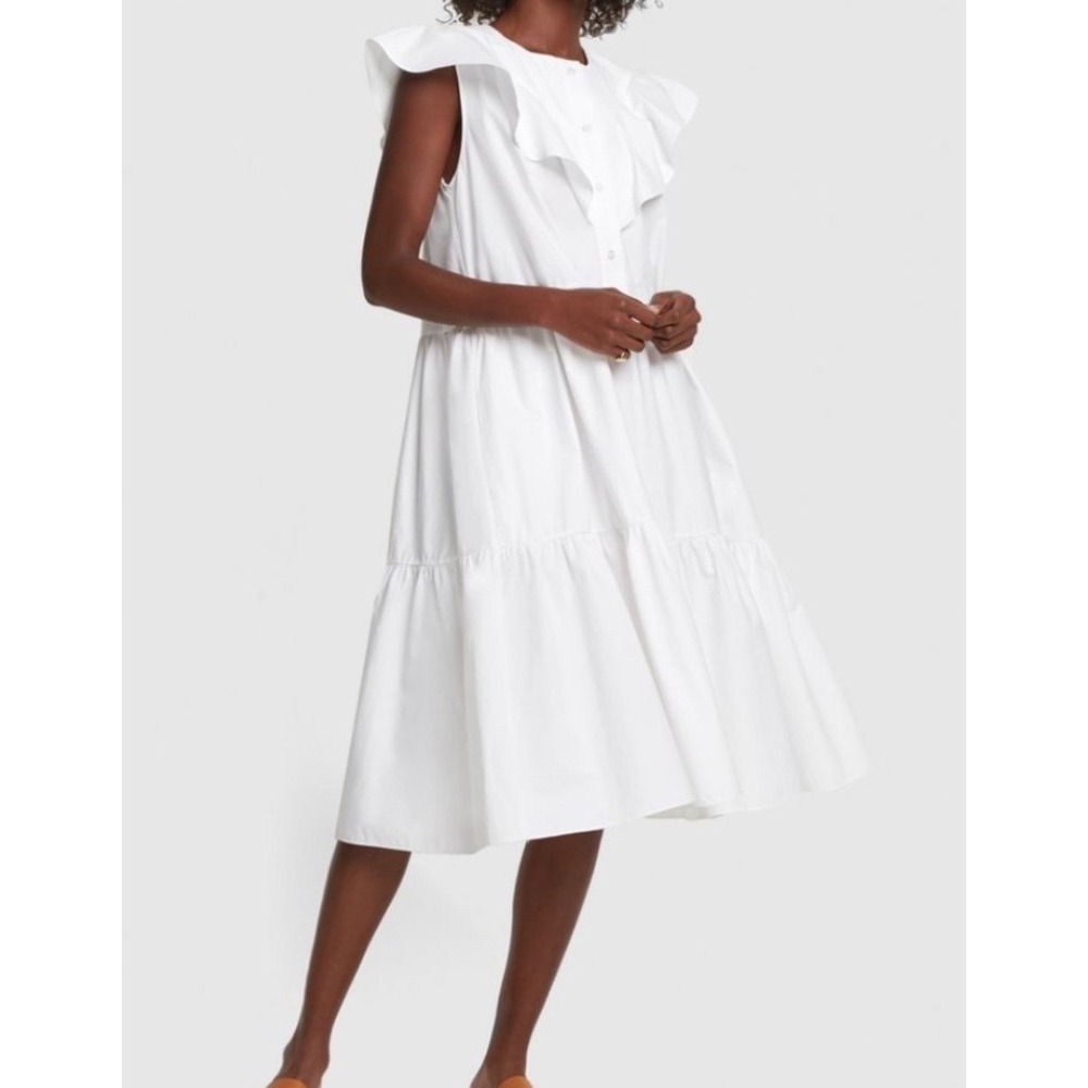 FABIANA PIGNA White Cotton Poplin Oversized Ruffle Neck Tiered Midi Dress XS